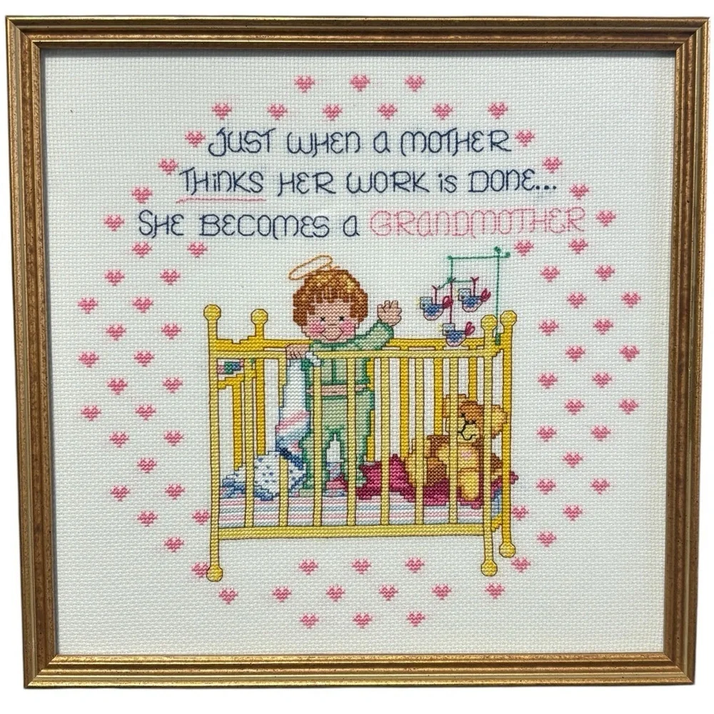 Grandma Framed Janlynn Charmin Grandmother's Work Counted Cross Stitch 1985 - Picture 1 of 4